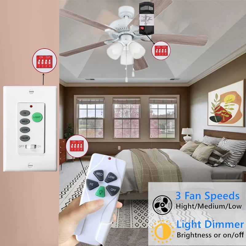 53T Universal Ceiling Fan Wall Remote Control, 3 Speed, Light Dimmer, 4-DIP Switch Compatible with Hampton Bay, Harbor Breeze, Hunter (Wall & Wireless Remote Kit) - Image 2